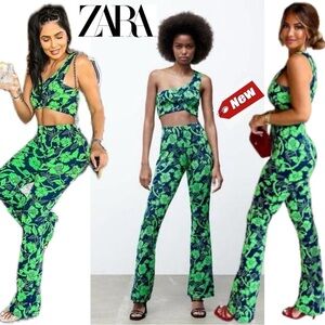 Zara navy blue neon fluorescent green floral one shoulder crop top pants set M